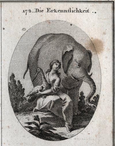 Allegorie der Dankbarkeit. Ihre Symbole sind der Storch, weil er seinen Eltern im Alter denselben Dienst erweist, den er in der Jugend erhalten hat, und der Elefant, weil er sehr dankbar ist und bereit ist, sein Leben zu riskieren, um für seinen Herrn zu k von Austrian School
