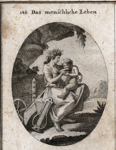 Allegorie des menschlichen Lebens. Lyra und Pflug symbolisieren Vergnügen und Arbeit. Sie gibt einem Kind zu trinken, was zum Leben notwendig ist. Gravur in „Iconologie oder Ideen aus dem Gebiete der Leidenschaften und Allegorien bildlich dargestellt für Z von Austrian School
