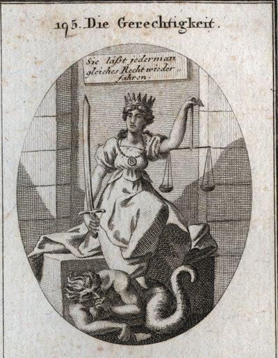 Allegorie der Gerechtigkeit. Ihre Attribute sind Waage und Schwert. Sie sitzt in einem Gerichtssaal und trägt eine goldene Krone auf dem Kopf. Unter ihren Füßen nagt der Betrug, der Angst hat, entdeckt zu werden, an seinen Fäusten. Gravur in „Iconologie od von Austrian School