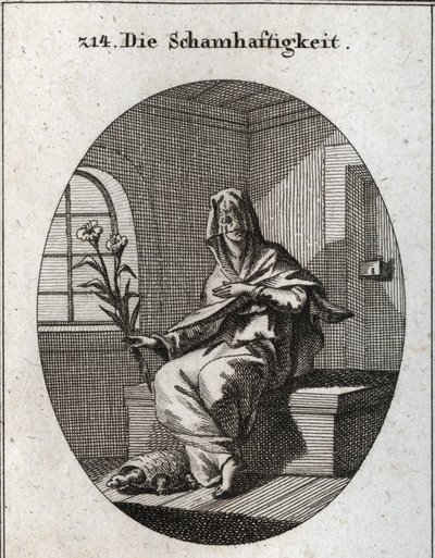 Allegorie der Bescheidenheit. Ihr Symbol ist ein Lilienzweig und eine Schildkröte, die bedeutet, dass bescheidene Frauen aus ihren Häusern entfernt werden müssen. Ihr Gesicht ist von einem Schleier bedeckt. von Austrian School