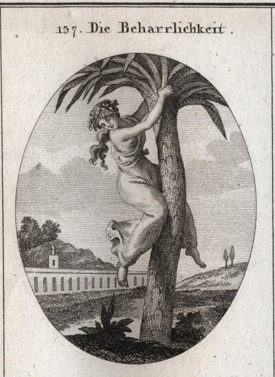 Allegorie der Beharrlichkeit. Die Palme, an die ein junges Mädchen gebunden ist, ist das Symbol der Tugend. Sie schaut mit Verachtung auf die Erde. Gravur in „Iconologie oder Ideen aus dem Gebiete der Leidenschaften und Allegorien bildlich dargestellt für  von Austrian School