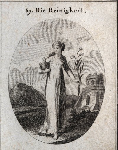 Allegorie der Reinheit. Ihre Attribute sind die Taube und die Lilie, Symbole der Unschuld. Gravur in „Iconologie oder Ideen aus dem Gebiete der Leidenschaften und Allegorien bildlich dargestellt für Zeichner, Maler, Dichter, Gelehrte, Erzieher und Freunde  von Austrian School