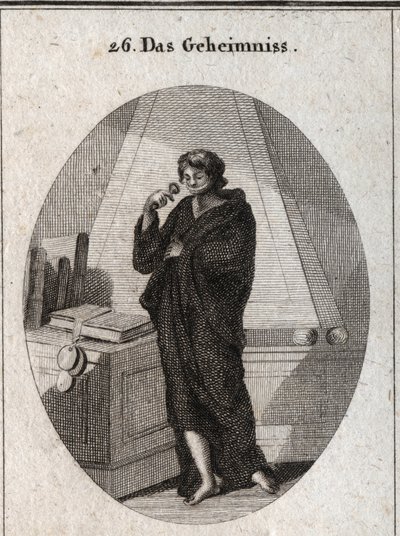 Allegorie des Geheimnisses, in Schwarz gehüllt, um die anvertrauten Geheimnisse im Vergessen zu begraben. Er hat ein Band auf dem Mund, zu dem er ein Siegel hinzufügt. Gravur in „Iconologie oder Ideen aus dem Gebiete der Leidenschaften und Allegorien bildl von Austrian School
