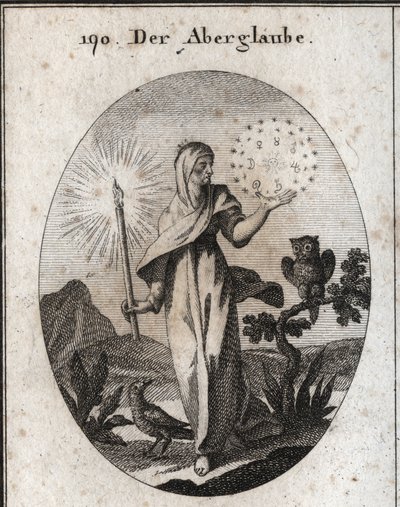 Allegorie des Aberglaubens. Sie hält eine Kerze und einen Kreis von Sternen, der die Zeichen der sieben Planeten umgibt, die sie als ängstlich betrachtet. Ihre Attribute sind die Eule und die Krähe. von Austrian School