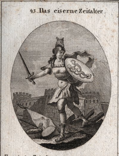 Allegorie des Eisernen Zeitalters, das durch Gewalt, schlechten Glauben und Verrat gekennzeichnet ist. Von wildem Aussehen, ist sie mit einem Helm in Form eines Wolfskopfes bewaffnet, hält ein Schwert und einen Schild, auf dem Betrug und Laster dargestellt von Austrian School