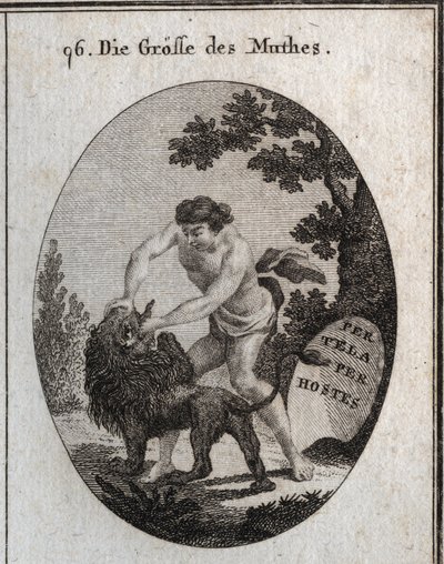 Allegorie der Größe des Mutes, dargestellt durch einen robusten Mann, der das Maul eines Löwen öffnet, um ihm die Zunge herauszureißen. Sein Attribut ist ein Schild, auf dem „Per tela, per hostes“ (Durch Waffen, durch den Feind) steht. Gravur in „Iconologi von Austrian School