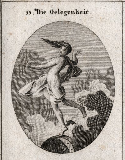 Allegorie der Gelegenheit. Mit Flügeln an den Füßen und nach vorne gerichtetem Haar ruht sie leicht auf einem Rad. Gravur in „Iconologie oder Ideen aus dem Gebiete der Leidenschaften und Allegorien bildlich dargestellt für Zeichner, Maler, Dichter, Gelehrt von Austrian School
