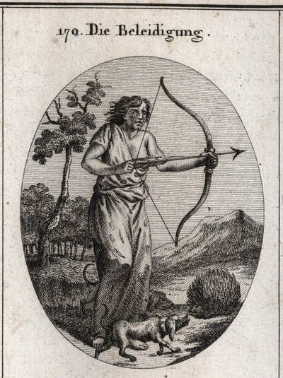 Allegorie des Vergehens, das dabei ist, einen Pfeil zu entschlüsseln und dessen Kleidung mit Zungen und Messern gefüllt ist. Angriff durch Hunde auf den Igel, der seine Pfeile wirft, bedeutet den Zwang, das Vergehen durch Vergehen zu erwidern. Gravur in „I von Austrian School