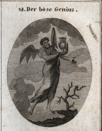 Allegorie des gegensätzlichen Geistes, dargestellt durch einen bösen Geist mit Fledermausflügeln und einer Eule, dem Vogel des schlechten Omen. Gravur in "Iconologie oder Ideen aus dem Gebiete der Leidenschaften und Allegorien bildlich dargestellt für Zeic von Austrian School