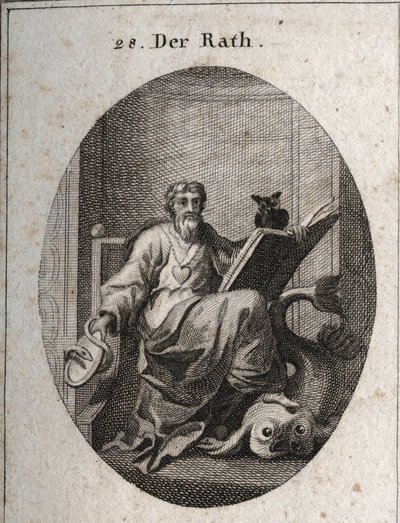 Allegorie des repräsentativen Rates mit einer Goldkette und einem Herzen, Emblem der Aufrichtigkeit. Das Buch und die Eule symbolisieren das Eindringen des Wissens durch Studium. Der von der Schlange umgebene Spiegel ist das Symbol der Vorsicht. Der Delfin von Austrian School