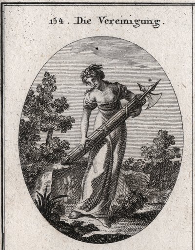 Allegorie der Union. Gekrönt mit einem Olivenbaumzweig, Symbol des Friedens, und Myrte, die Freude darstellt. Sie fließt auf einem Bündel fest gebundener Stöcke, ohne das Bild von Stärke und Einheit zu biegen. von Austrian School