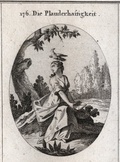 Babel-Allegorie. Ihr Gewand ist mit Zikaden und Zungen gefüllt. Ihr Attribut ist die Krähe. von Austrian School