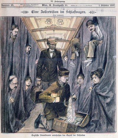 Englische Zollbeamte untersuchen Gepäck in einem Schlafwagen von Austrian School