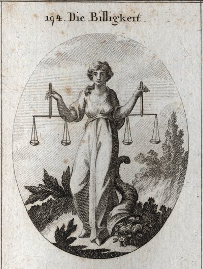 Allegorie der Gerechtigkeit, die zwei Waagen auf gleicher Höhe hält. Ihr Attribut ist das Füllhorn, um zu zeigen, dass sie mit Güte belohnt, nachdem sie gerecht gerichtet hat. Gravur in „Iconologie oder Ideen aus dem Gebiete der Leidenschaften und Allegori von Austrian School