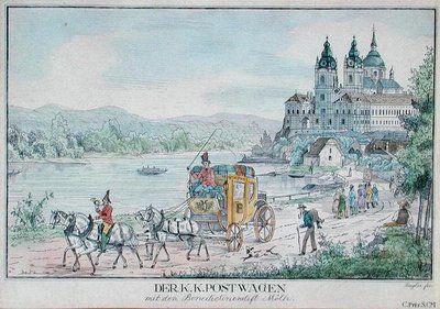 Kaiserlicher österreichischer Postkutschenwagen vor dem Stift Melk an der Donau, frühes 19. Jahrhundert von Austrian School