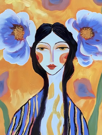 Boho Frau mit blauen Blumen von Avanesova Elena