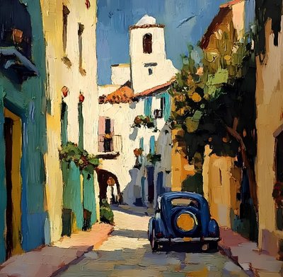 Sonniges Dorf Blauer Wagen von Avanesova Elena