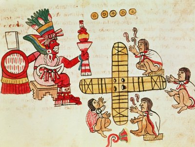 Glücksspiel Patoli und der Gott Xochipilli, aus dem Codex Magliabechiano von Aztec
