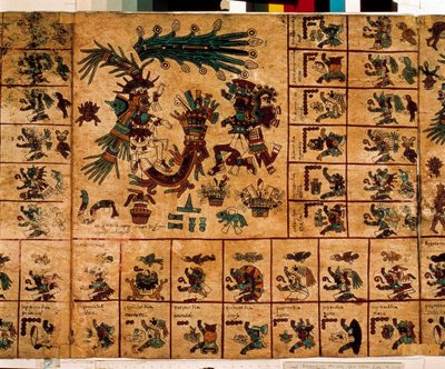 Darstellung aztekischer Gottheiten und Kästchen des Kalenders. Seite des aztekischen Manuskripts auf Rinde 