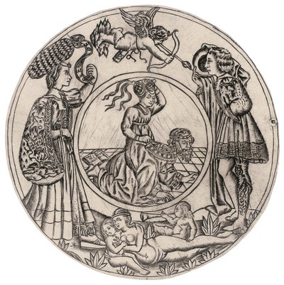 Aristoteles und Phyllis, umgeben von einem jungen Mann und einer Frau mit Eros, und eine liegende nackte Frau mit zwei Kindern, zweite Hälfte des 15. Jahrhunderts von Baccio (circle of) Baldini