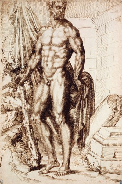 Herkules, nach links gewandt, lehnt sich auf seine Keule und hält ein Tuch, bei den Ruinen eines Tempels von Baccio Bandinelli