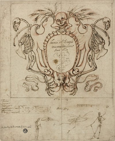 Begräbniskartusche mit Inschrift und Skizzen von Skeletten und ornamentalen Details von Baccio del Bianco
