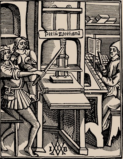 Prelum Ascensianum: Druckerzeichen mit der Druckerpresse in Betrieb, 1508 von Badius