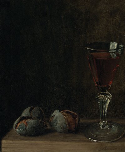 Ein Glas Wein mit Walnüssen auf einem Tisch von Balthasar Denner