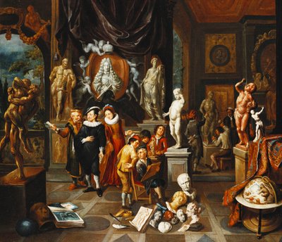 Ein elegantes Paar besucht eine Skulpturengalerie, mit einem Künstler beim Skizzieren und einem Bildhauer bei der Arbeit von Balthasar van den Bossche