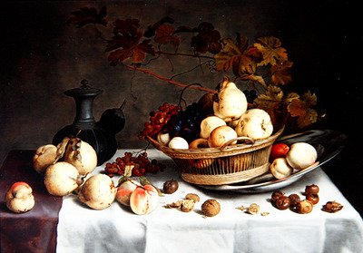 Ein Stillleben mit Quitten in einem Korb, anderen Früchten und Objekten von Balthasar van der Ast