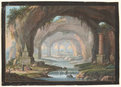 Landschaft mit durchbrochenen Grotten, Grabdenkmälern, einem Fluss und Figuren von Barbara Dietzsch