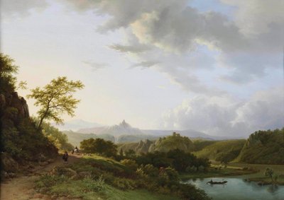 Panorama-Sommerlandschaft mit Reisenden und Burgruine in der Ferne von Barend Cornelis Koekkoek