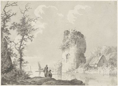 Flusslandschaft mit Turm und Angler von Barend Cornelis Koekkoek