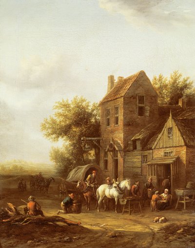 Reisende tränken ihre Pferde vor einem Gasthaus von Barend Gael or Gaal