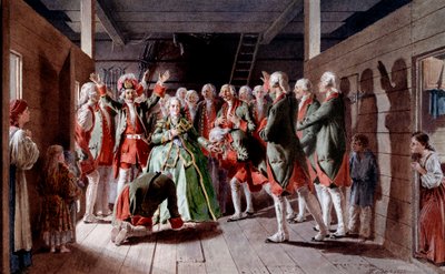 Die russische Kaiserin Elisabeth I. Petrovna (1709-1762) am Tag ihres Festes und ihrer zukünftigen Thronbesteigung, Soldaten schwören ihr Treue. von Baron Mikhail Petrovich Klodt von Jurgensburg