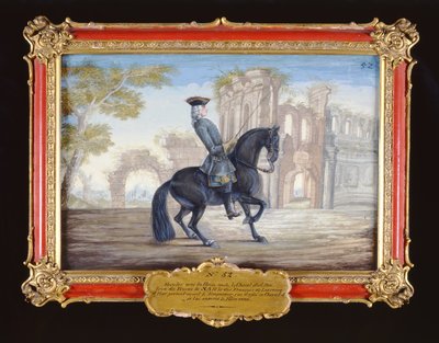 Le Bienvenu, ein dunkelbraunes Pferd der Spanischen Hofreitschule bei einer Dressurbewegung von Baron Reis Eisenberg