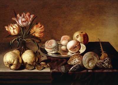 Ein Silbertablett mit Pfirsichen, eine Vase mit Papageientulpen, Birnen und Muscheln auf einem teilweise drapierten Tisch von Bartholomeus Assteyn