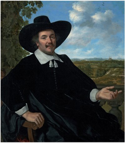 Porträt von Gabriel Marselis, dreiviertellang, sitzend, vor einer Balustrade, mit einer Landschaft und einem entfernten Blick auf Haarlem im Hintergrund von Bartholomeus van der Helst