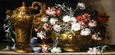 Stillleben mit Nelken in einem Behälter und einem florentinischen Krug auf einem Sims von Bartolomeo Bimbi