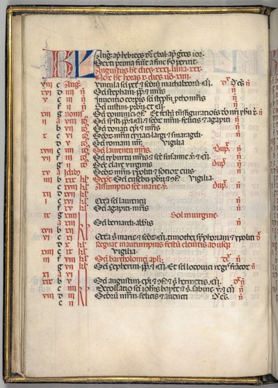 Missale: Fol. 6v: August Kalenderseite, 1469 von Bartolomeo Caporali