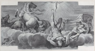Tafel 34: Auriga, der Wagenlenker, fällt in der Mitte vom Wagen, mit drei Pferden..., 1756. Schöpfer: Bartolomeo Crivellari, Gabriel Söderling von Bartolomeo Crivellari, Gabriel Söderling