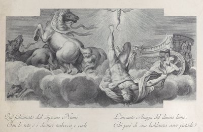 Tafel 34: Auriga, der Wagenlenker, fällt in der Mitte vom Wagen, mit drei Pferden, 1756 von Bartolomeo Crivellari