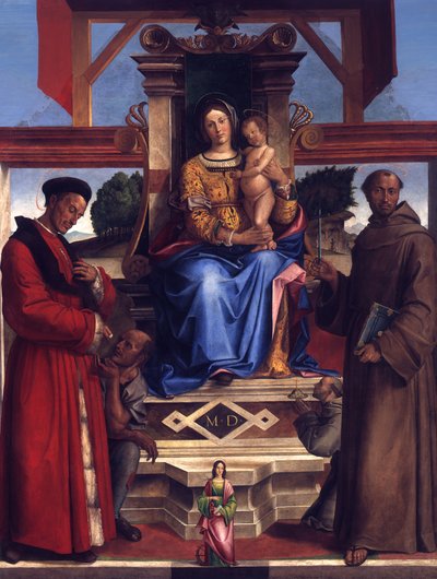 Thronende Maria mit Kind, den Heiligen Homobonus, Franziskus von Assisi, Katharina von Alexandrien und dem Stifter Bernadino da Feltre (gest. 1494) von Bartolomeo Montagna