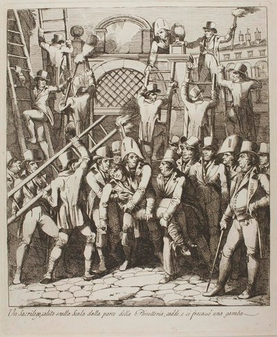Ein Gotteslästerer bricht sich das Bein beim Überklettern der Mauern des Vatikans am 6. Juli 1809 von Bartolomeo Pinelli