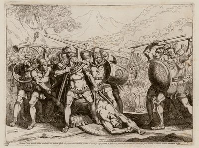 Schlacht zwischen Römern und Galliern nach dem Tod eines riesigen Galliers durch Marcus Valerius Corvus im Einzelkampf, 349 v. Chr. von Bartolomeo Pinelli