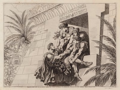 Kleopatra und ihre Begleiter heben den sterbenden Mark Anton in ihr Grab (Radierung) von Bartolomeo Pinelli