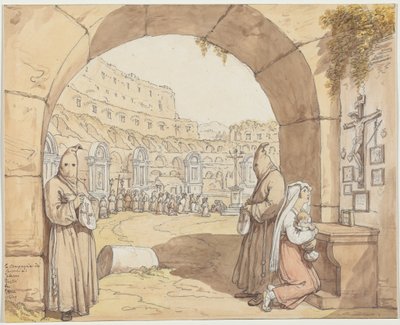 La Compagnia dei sacconi al Colosseo (Büßende beten an Altären im Kolosseum) von Bartolomeo Pinelli