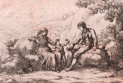 Zwei Bürgerliche mit einem Baby, Schiavi, Abruzzen, Radierung von Bartolomeo Pinelli (Rom) von Bartolomeo Pinelli