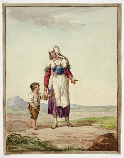 Frau in Tracht mit Junge auf der Straße von Bartolomeo Pinelli
