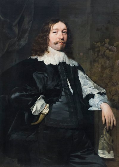 Porträt eines Mannes in Schwarz, der einen Handschuh hält von Bartolomeus van der Helst